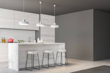 Mutfak iç bir çizgiyle gri ve windows çatı. Bir beton zemin ve gri duvarlar. Bir yan görünümü 3d render alay