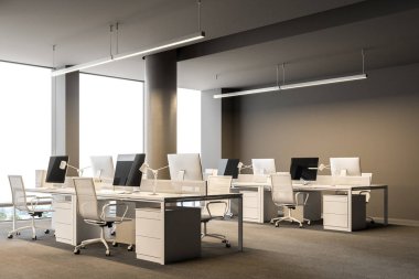 Bir beton zemin, Bilgisayar masaları, satır ve sütun içeren bir büyük gri duvar ofis iç yan görünüm. 3D render alay