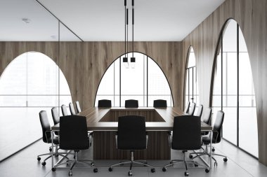 Modern Ofis Toplantı odası iç bir beton zemin ahşap duvarlar ve panoramik pencereler kemerli. 3D render alay