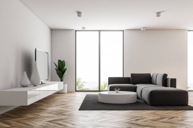 Beyaz modern oturma odası iç loft windows, bir ahşap zemin, yuvarlak sehpa ve Tv gri bir kanepe ile ayarlayın. Bir yan görünümü 3d render alay