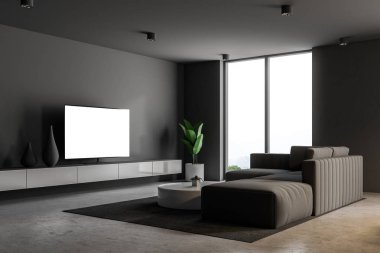 Gri modern oturma odası iç çatı pencereleri, beton zemin ile yuvarlak sehpa ve Tv gri bir kanepe ayarlayın. 3D render alay