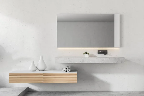 现代浴室内饰白色的墙壁 一个巨大的和优雅的水槽 一个木制的架子与花瓶和一个长的水平镜子 渲染模拟 — 图库照片