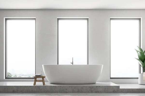 Interior Baño Minimalista Con Paredes Blancas Suelo Hormigón Ventanas Tipo — Foto de Stock