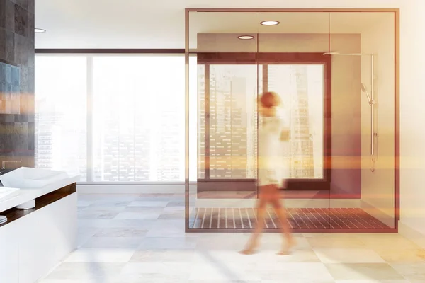 Glass Shower Stall Panoramic Bathroom Interior Black Tile Walls White — Stock Photo, Image