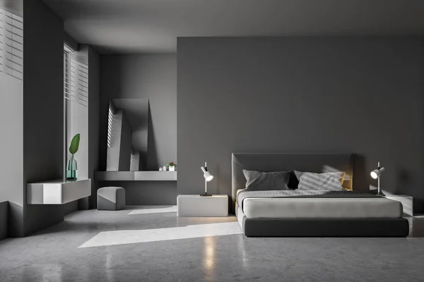 灰色の壁 コンクリートの床 キングサイズ ベッド 豪華な寝室のインテリア 北欧スタイル レンダリングをモックアップします — ストック写真