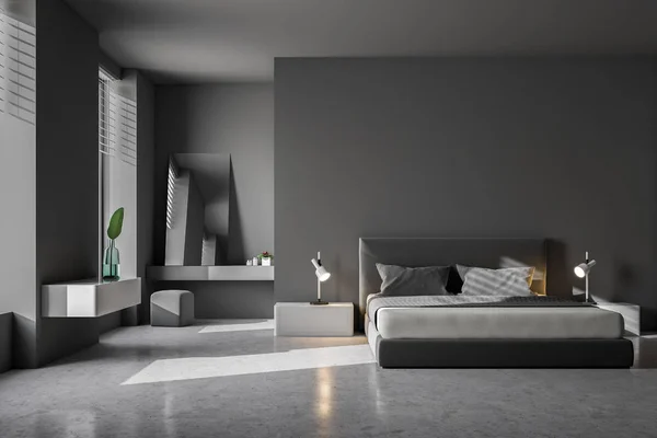 Interior Quarto Luxo Com Paredes Cinzentas Piso Concreto Cama King — Fotografia de Stock