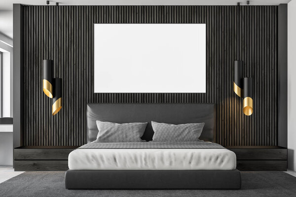 Interior of a black wood walls master bedroom with a concrete floor, loft windows and a double bed. Horizontal poster frame 3d rendering mock up