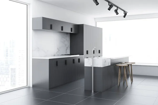 Loft Angolo Cucina Con Pareti Bianche Pavimento Cemento Bar Grigio — Foto Stock