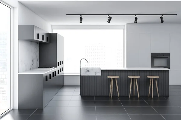 Loft Kitchen Interior White Marble Walls Tiled Floor Gray Bar — Stock Photo, Image