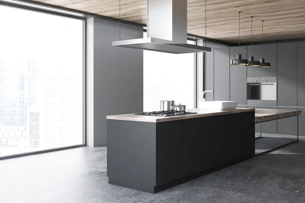 深灰色厨房角落与混凝土地板 白色酒吧和灰色台面与内置家电 木制天花板 渲染模拟 — 图库照片