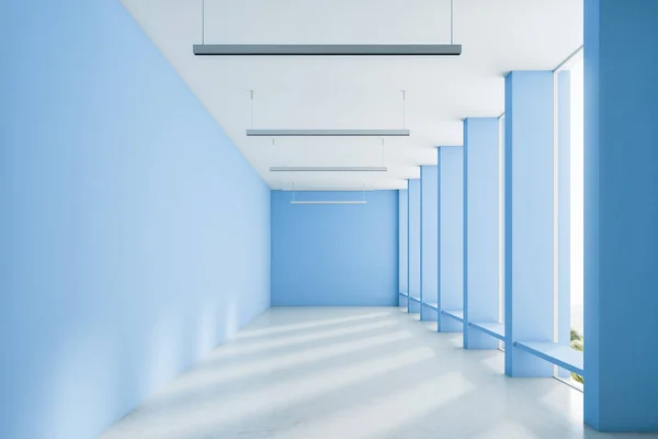 Corredor Oficinas Azul Vacío Con Ventanales Suelo Hormigón Una Fila — Foto de Stock