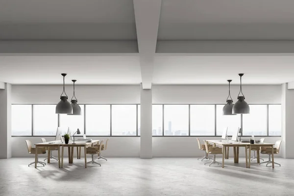 Open Space Office Interior Rows Computer Desks Wooden Chairs Standing — Stock Photo, Image