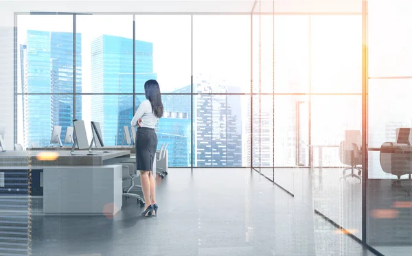 Successful Businesswoman Panoramic Office Interior Loft Windows Rows Computer Tables — Stock Photo, Image