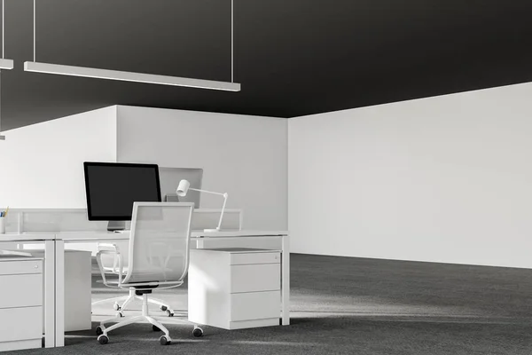 Loft office corner with rows of computer desks and white chairs standing near them. Black computer screens. Close up. 3d rendering mock up