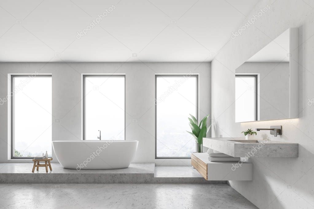 White wall bathroom interior with a concrete floor, loft windows, a white bathtub and a sink. 3d rendering mock up
