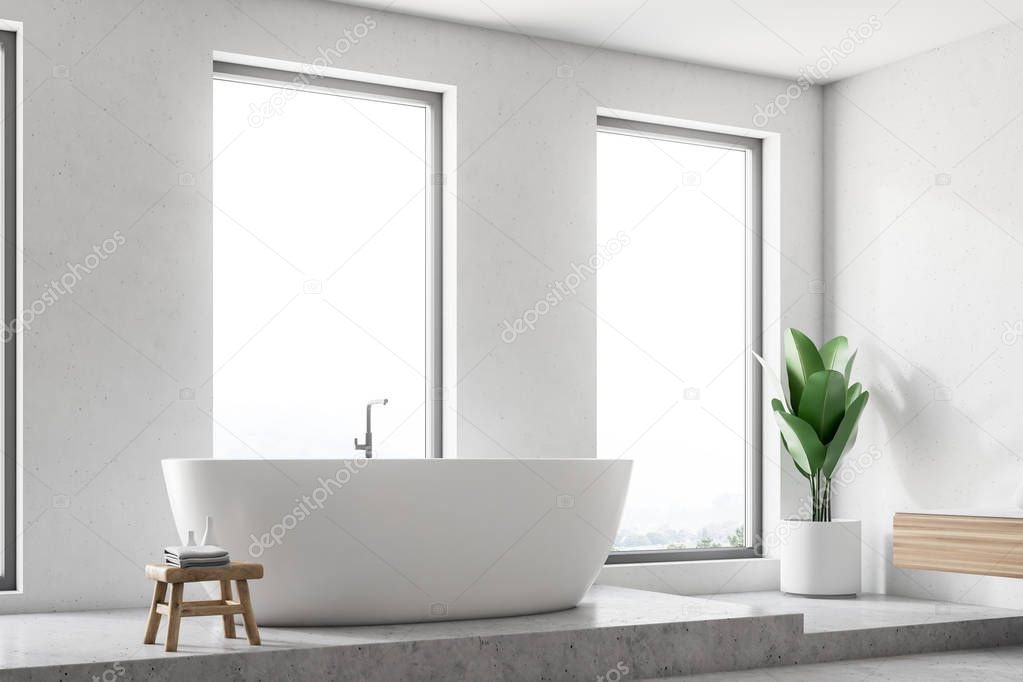 Minimalistic bathroom interior with white walls, a concrete floor, loft windows, and a white bathtub. A side view 3d rendering mock up