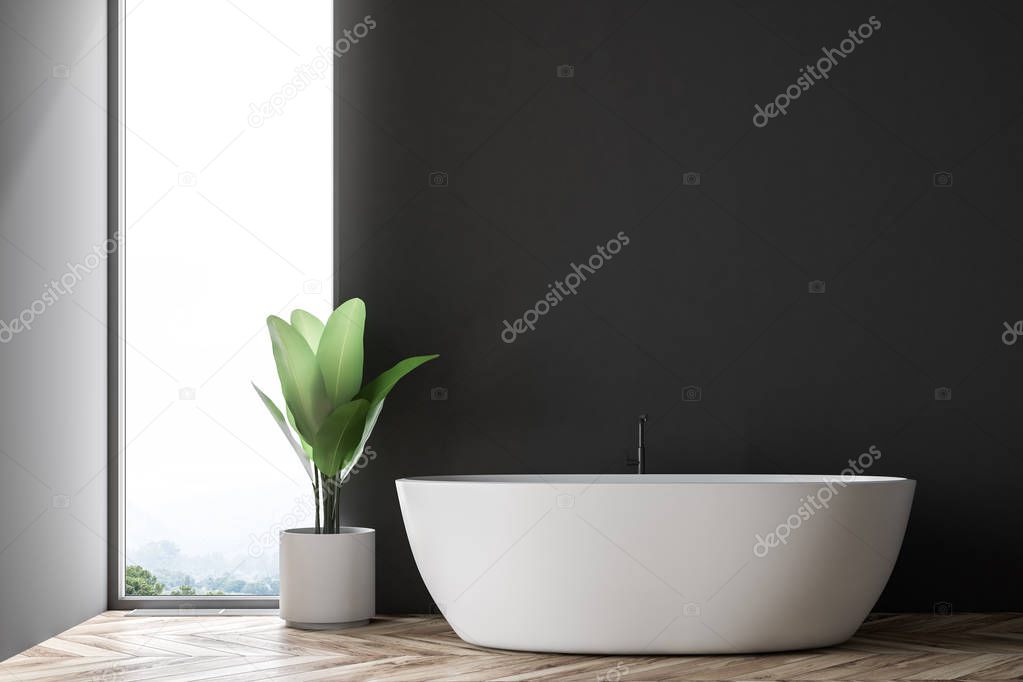 White and gray bathroom interior with a wooden floor, loft windows and a white bathtub next to a potted plant. 3d rendering mock up