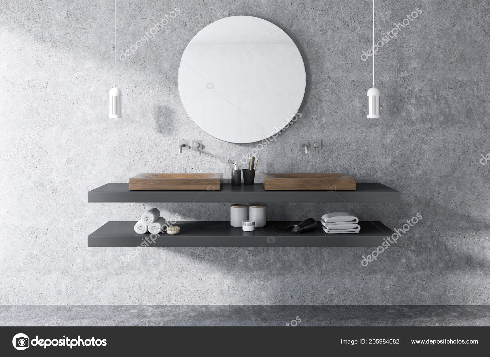 Front View Wooden Double Sink Standing Gray Shelf Concrete Wall — Stock  Photo © denisismagilov #205984082, image size:1600x1167