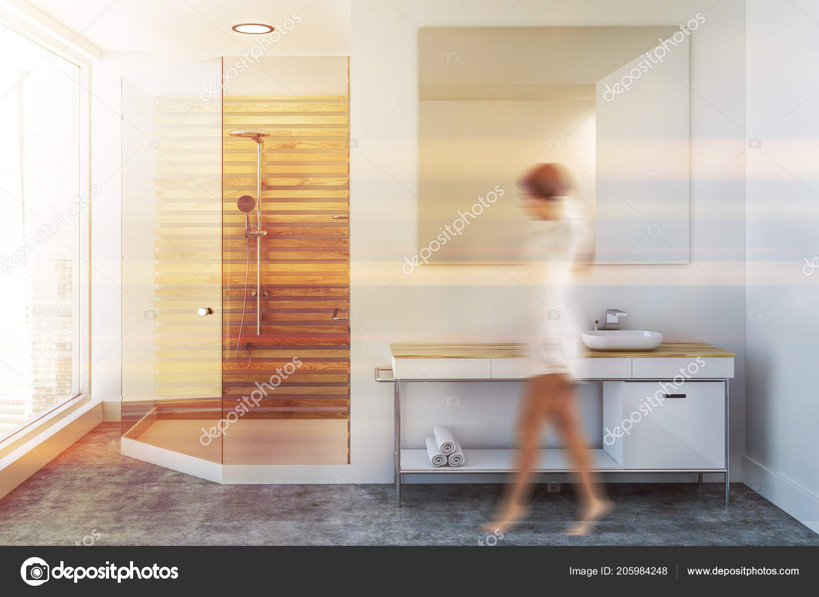 Woman Luxury Bathroom Interior Wooden Shower Stall Sink Vanity Unit Woman In A Luxury Bathroom Interior With Wooden Shower Stall Sink Vanity Unit And Large Mirror 3d Rendering Mock Up Toned Image Blurred Photo By