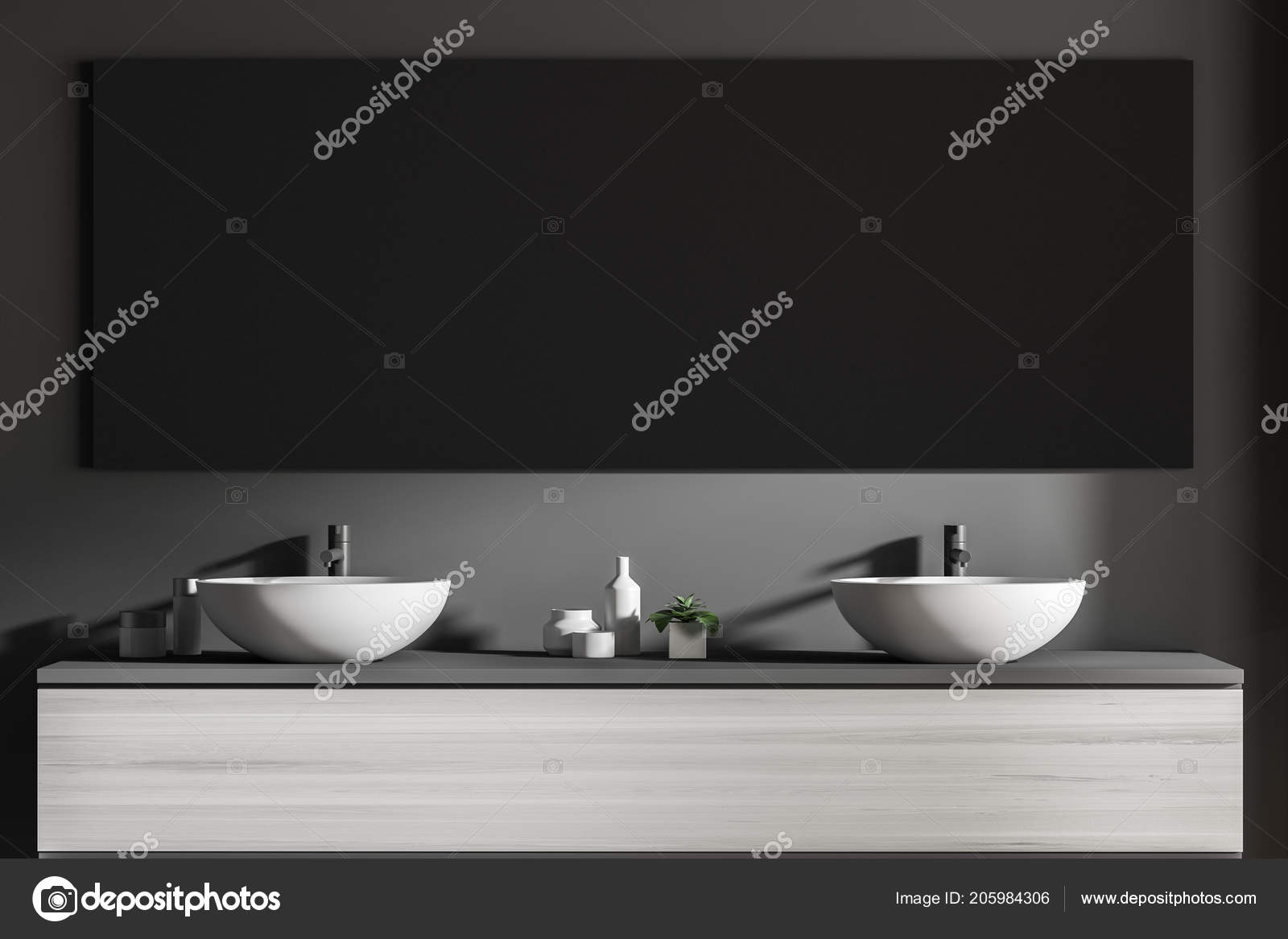 Close Two Bathroom Sinks Standing Wooden Shelf Dark Gray Wall — Stock Photo © denisismagilov
