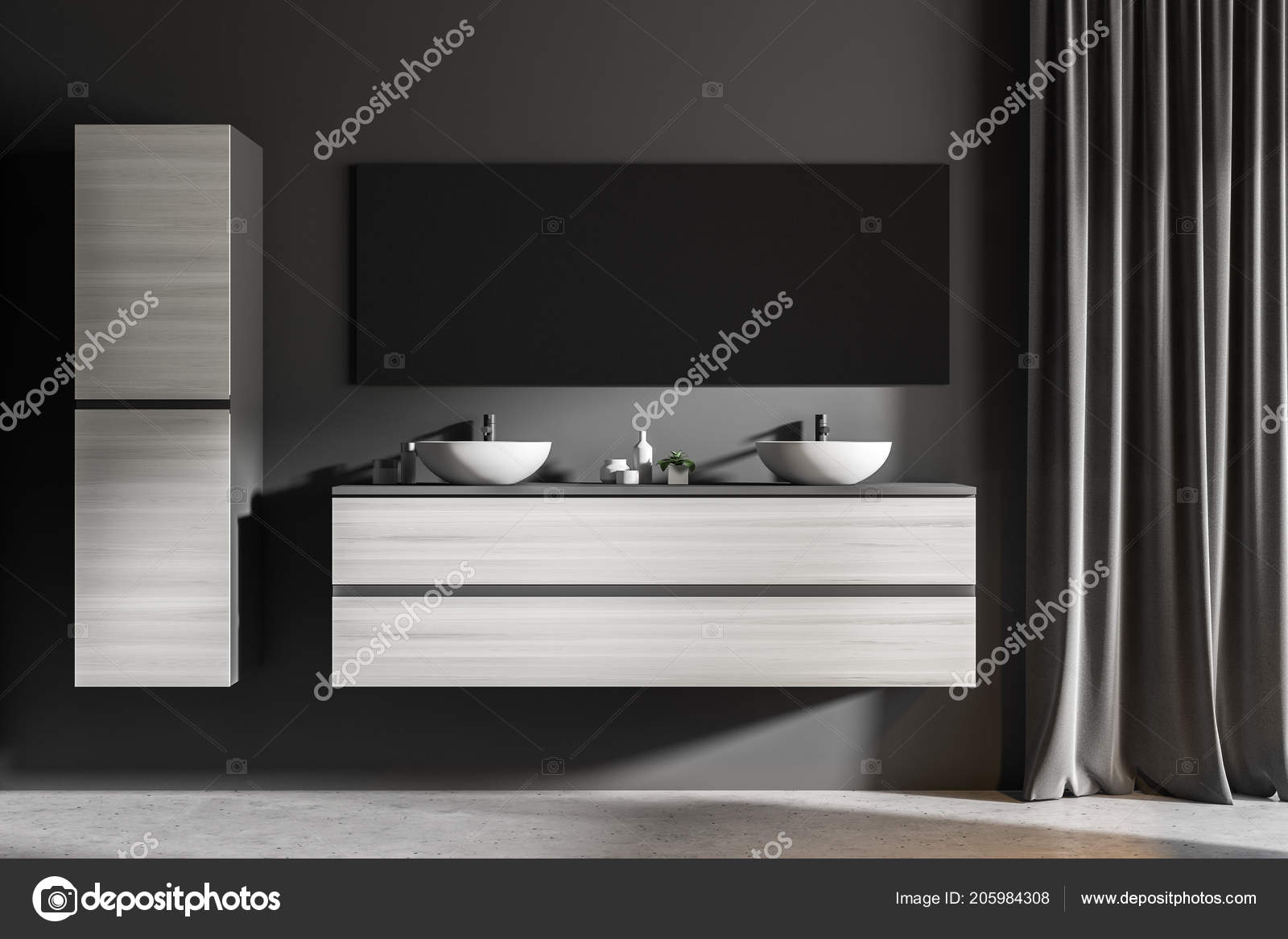 Two Bathroom Sinks Standing White Wooden Shelf Dark Gray Wall Stock Photo By Denisismagilov 205984308 White Wooden Shelf Dark Gray Wall, Dark Grey Mirror With Shelf