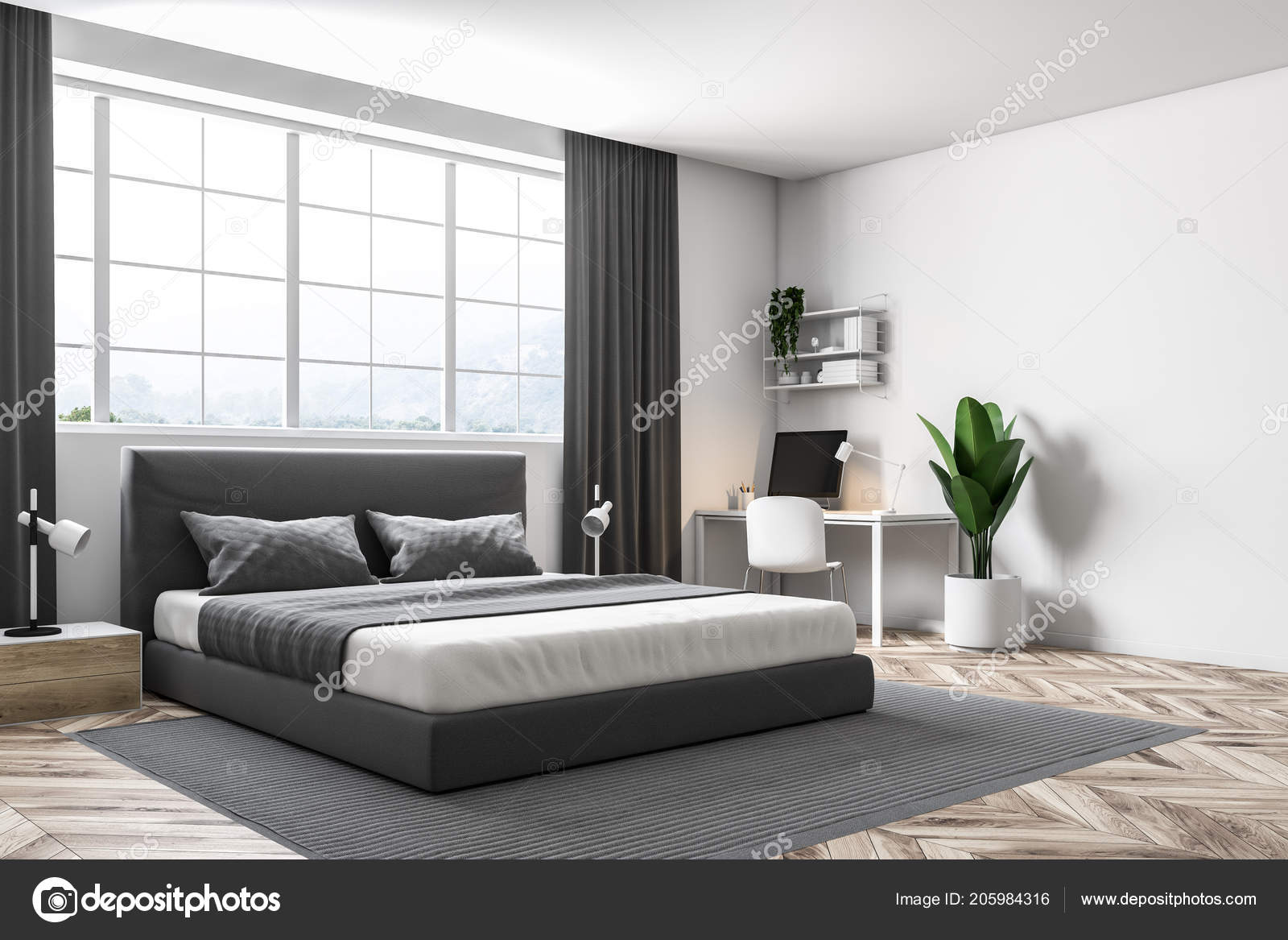 Master Bedroom Corner White Walls Carpet Wooden Floor Double Bed