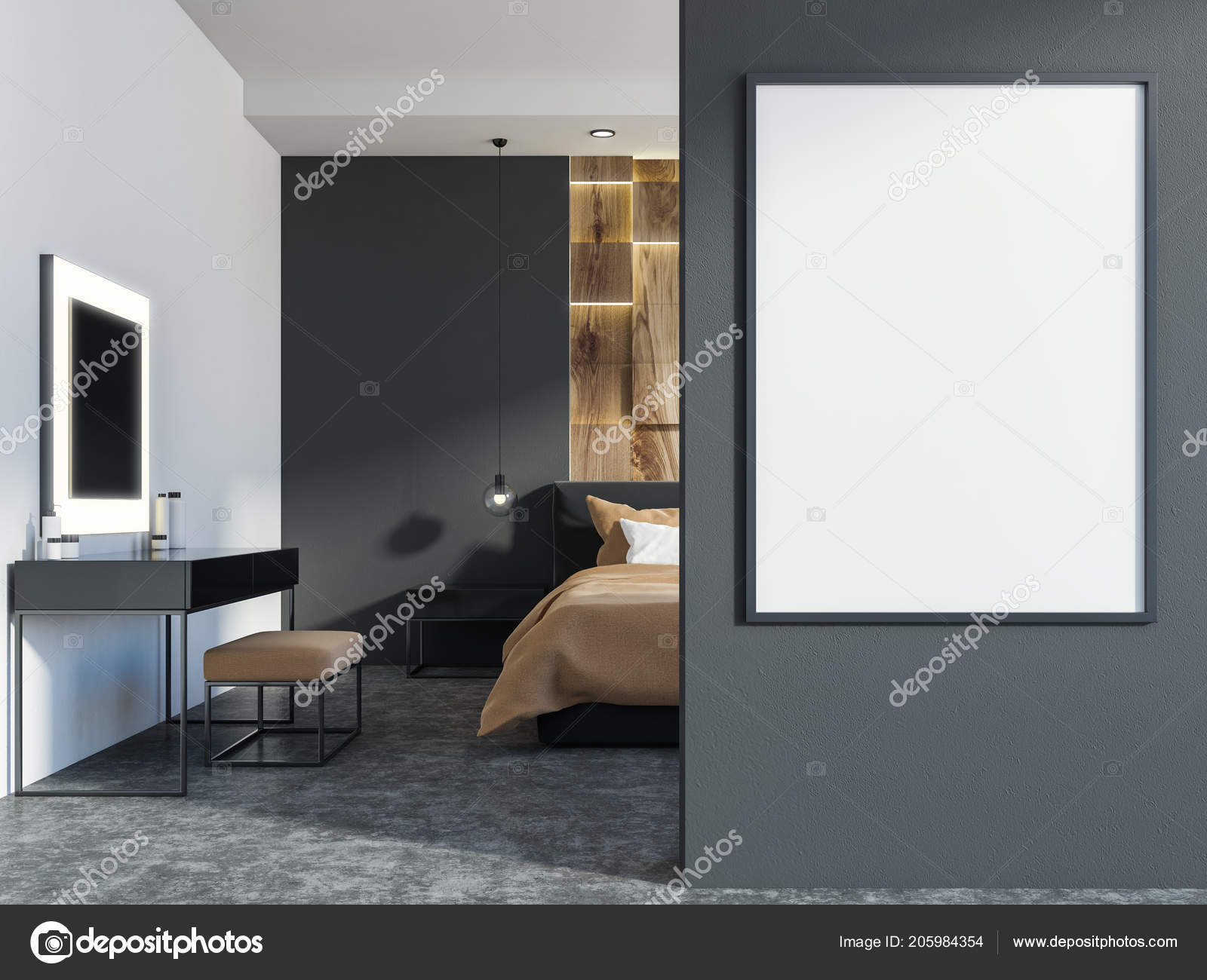 Master Bedroom Interior Wooden Gray Walls Concrete Floor