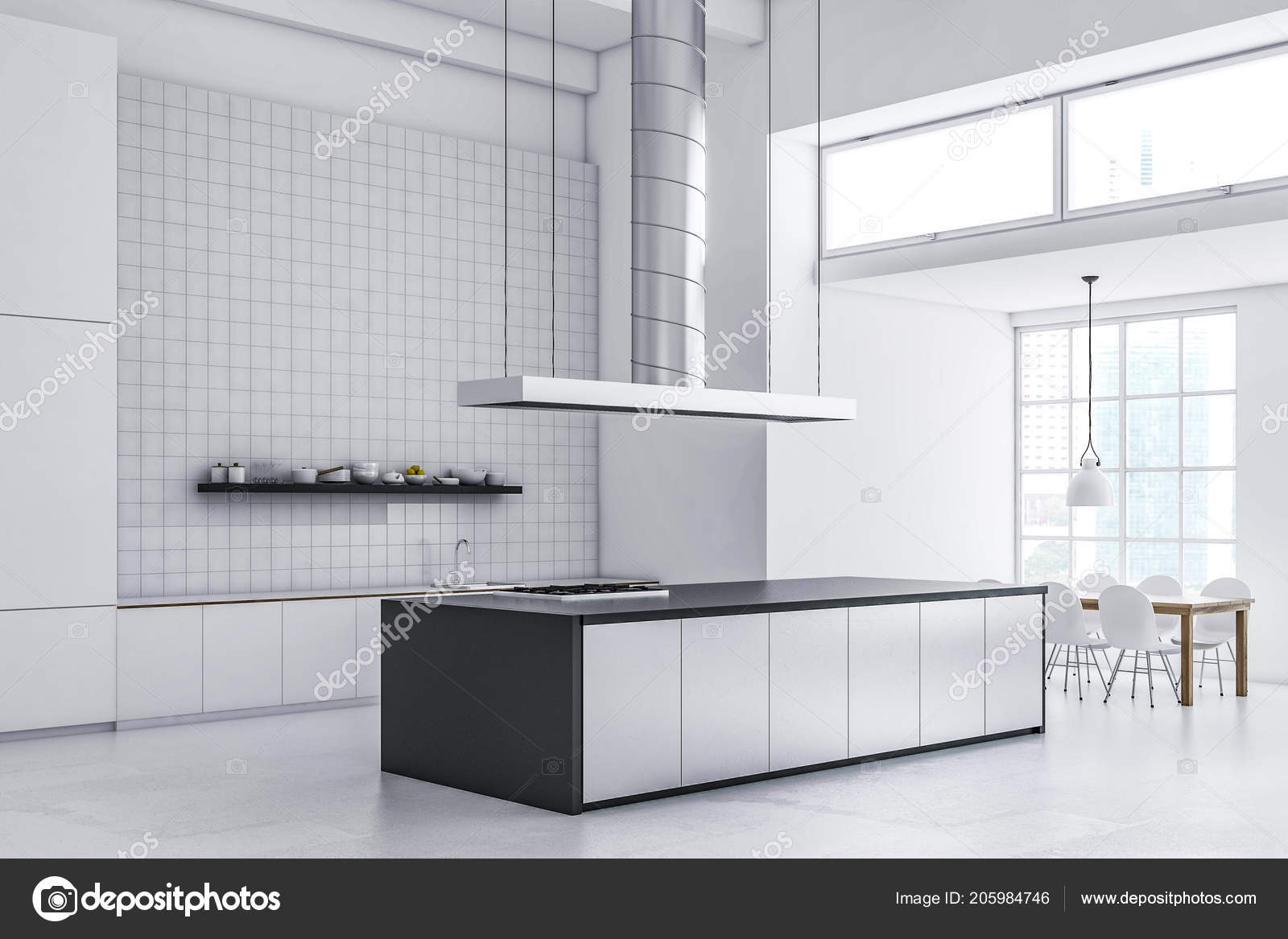 White Tile Kitchen Interior White Floor Gray White Countertops Table