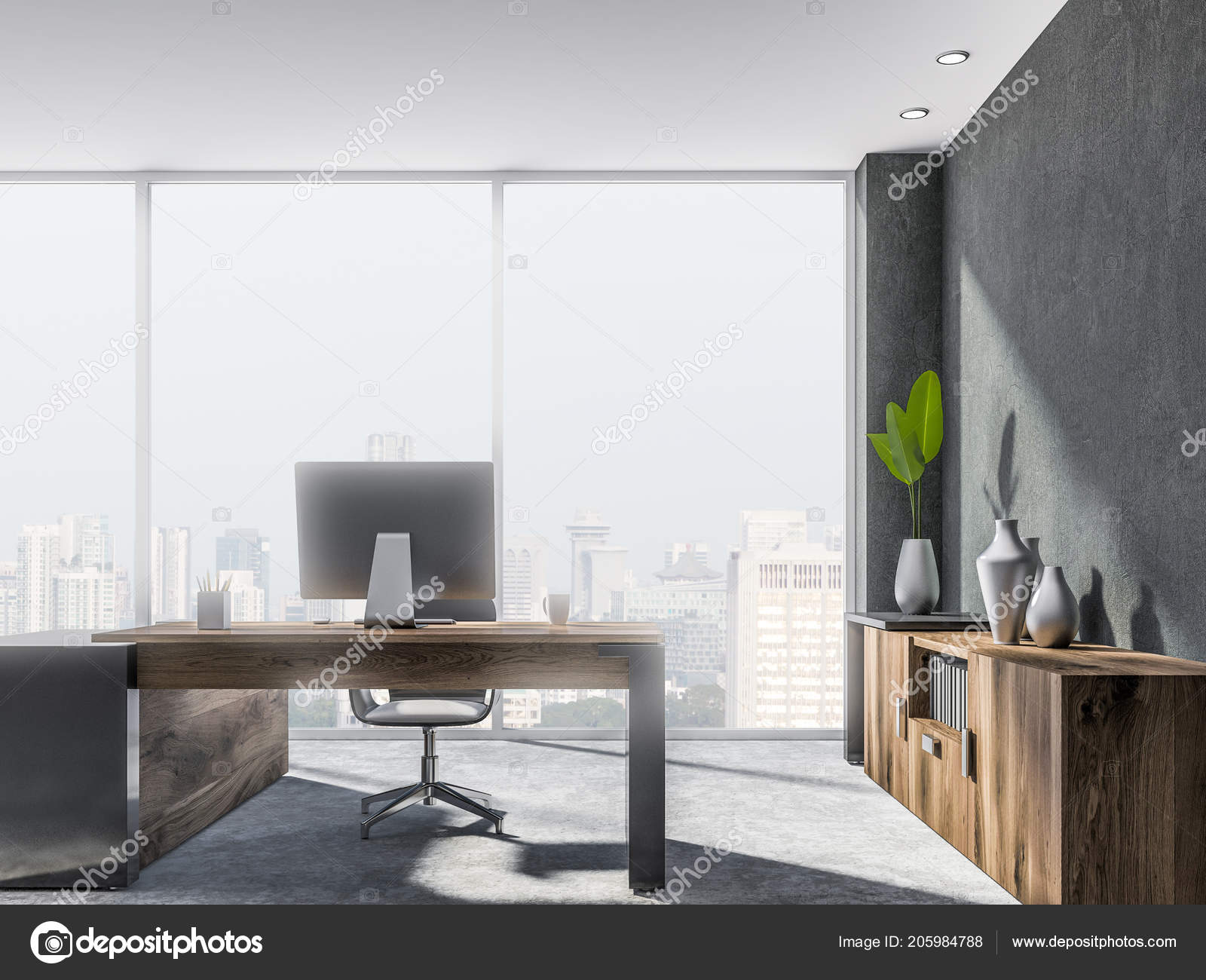 Gray Walls Office Workplace Interior Loft Windows Wooden Table Computer