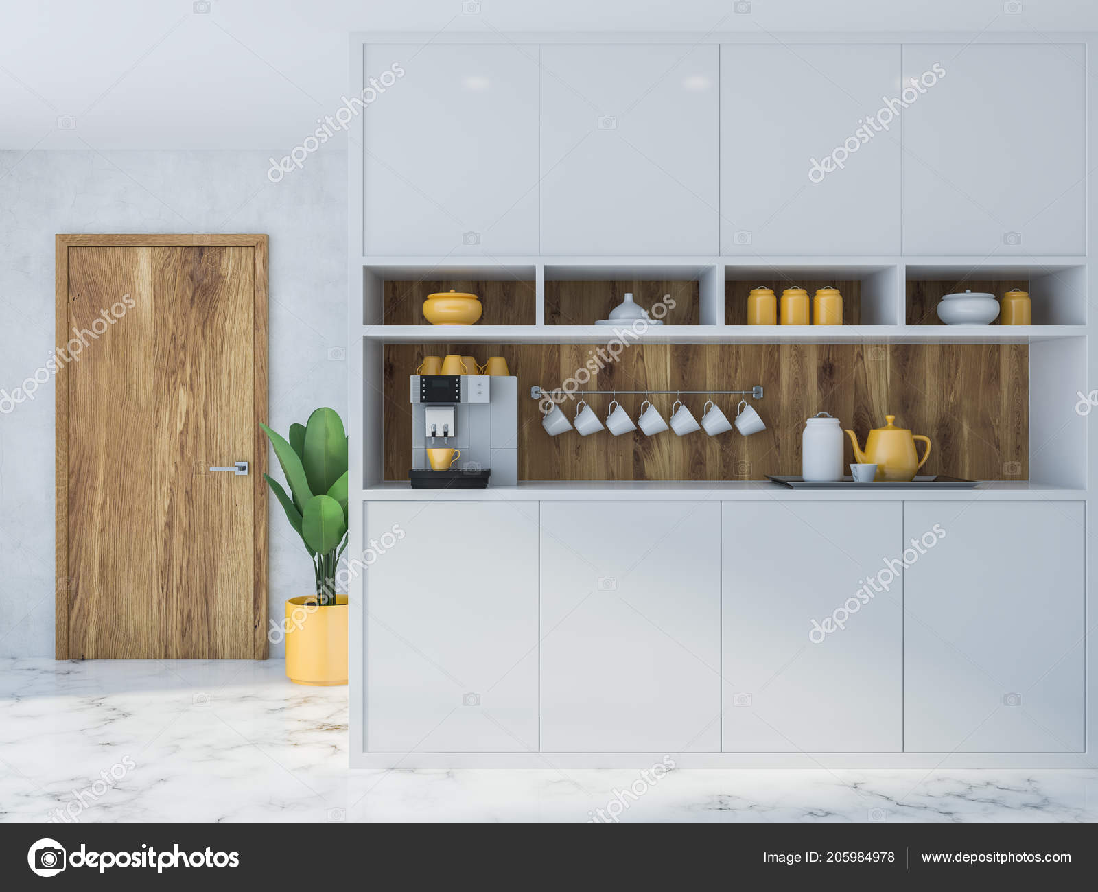 Cozy Kitchen Interior White Wooden Countertops Plant Pot Standing