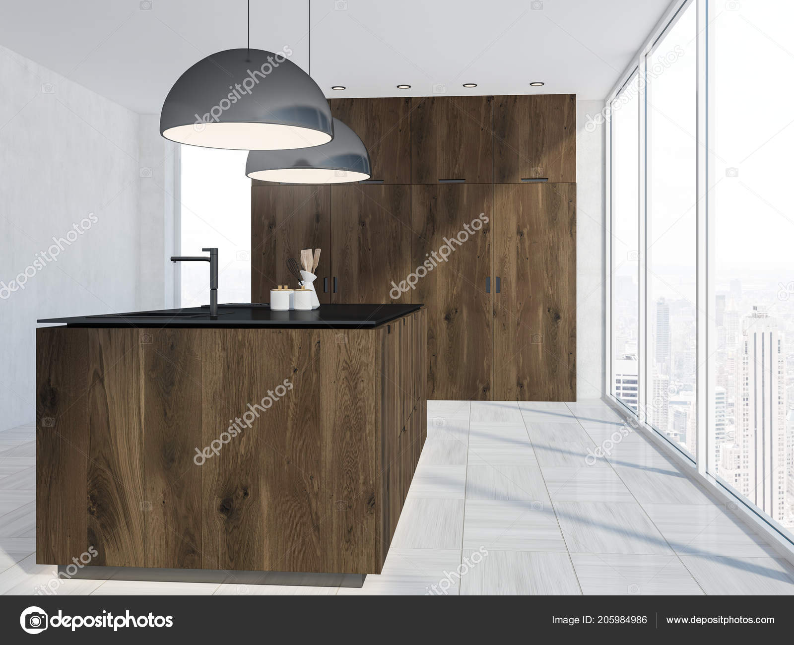 Intérieur Cuisine Panoramique Avec Plancher Bois Blanc