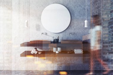 Beton duvar banyo iç gri bir raf ahşap çift lavabo ayakta açık bakış. Duvarda yuvarlak bir ayna. Kadın 3d render sahte tonlu görüntü çift pozlama kadar bulanık