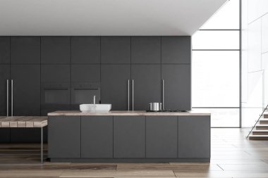 Modern mutfak iç gri mutfak tezgahı ve dolapları ve bir ahşap zemin ile. up 3D render, alay