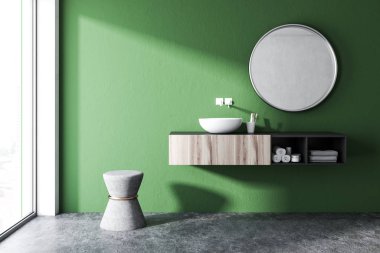 Bir beton zemin ve panoramik pencerelere sahip yeşil banyo iç. Yukarıda asılı bir ayna ile bir yuvarlak lavabo. 3D render alay