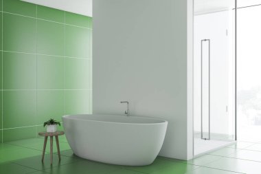 Güzel bir beyaz küvet ve cam kapı duş kabini ile yeşil Karo banyo iç. 3D render alay