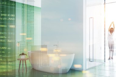 Güzel bir beyaz küvet ve cam kapı duş kabini ile yeşil Karo banyo iç kadında. 3D render sahte kadar çift tonlu görüntü pozlaması