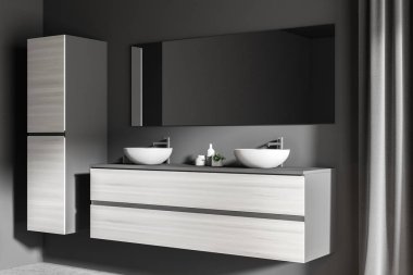 Bir beton zemin ile koyu gri duvar banyoda bir beyaz tahta rafta duran iki banyo lavabo yan görünüm. Köşedeki dolapta. 3D render alay