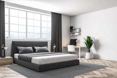 Bir ahşap zemin ve büyük bir pencere altında bir çift kişilik yatak yatak odası köşesinde beyaz duvarlar, bir halı ile. 3D render alay