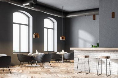 Gri duvarlar, büyük pencereler, bir ahşap zemin ve yuvarlak masa koltuklar ile modern bir restoranın kapatın. 3D render alay