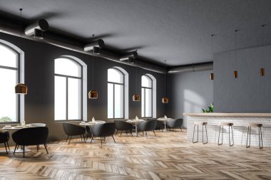 Gri duvarlar, büyük pencereler, bir ahşap zemin ve yuvarlak masa koltuklar ile modern bir restoran köşesinde. 3D render alay