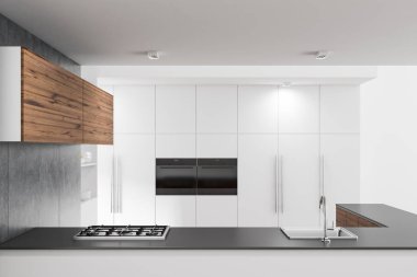 Gri mutfak tezgahı beyaz duvarlar ve ahşap dolaplar ile şık bir iç. Rahat bir ev kavramı. 3D render alay