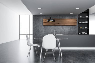 Modern mutfak iç gri mutfak tezgahı, ahşap dolapları ve beton zemin. Sandalye bir masa. 3D render alay