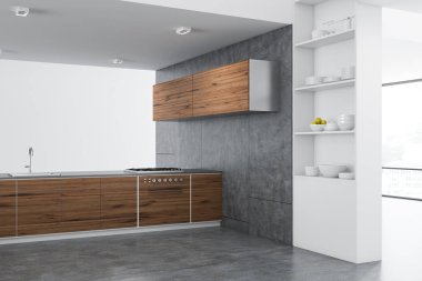 Modern mutfak köşe ahşap mutfak tezgahı ve dolapları ve beton zemin. Şık beyaz dolap ön planda. 3D render alay