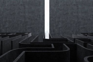Sonunda ışık ışını ile gri duvar labirent. Seçim ve iş ve yaşam mücadelesine kavramı. Önden görünüm 3d render alay