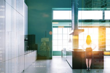 Gri mutfak tezgahı, beyaz ve yeşil duvarlar ve beton zemin ile modern mutfak iç yan görünüm. Kadın 3d render sahte kadar çift tonlu görüntü pozlaması