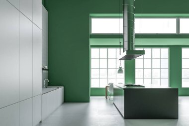 Gri mutfak tezgahı, beyaz ve yeşil duvarlar ve beton zemin ile modern mutfak iç yan görünüm. 3D render alay