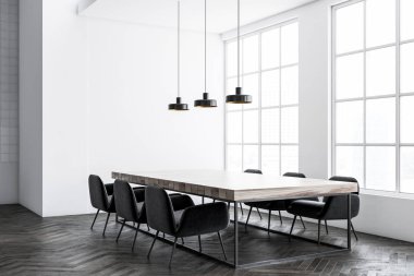 Sanayi tarzı yemek odası köşe beyaz duvarlar, beton zemin ve siyah sandalye etrafında duran uzun bir tabloyla. 3D render sahte tonlu görüntü