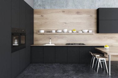 Bir beton zemin, siyah dolapları ve bir masa etrafında ayakta sandalye ile siyah ve ahşap mutfak iç. 3D render alay