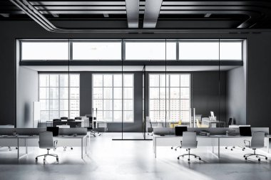 Yan görünümü Gri duvarlar, beyaz bir zemin ve satır ayakta beyaz bilgisayar masaları ile modern bir danışmanlık şirketi ofis. Sanayi tarzı. Up 3D render sahte çatı