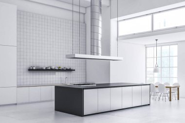 Beyaz çini mutfak iç beyaz bir zemin, gri ve beyaz mutfak tezgahı ve bir tablo içinde belgili tanımlık geçmiş. 3D render alay